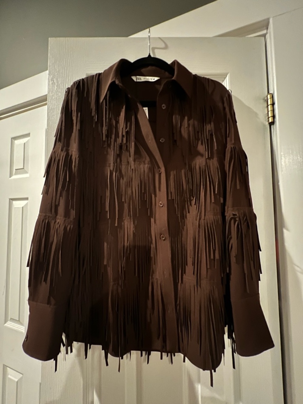 Zara Rust Brown Button-Up Shirt with Fringe Trim
